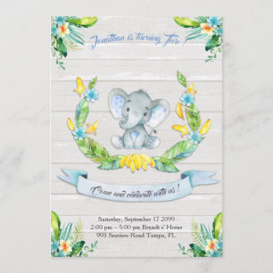 Floral watercolor Elephant Invitation,Baby boy 2nd Invitation