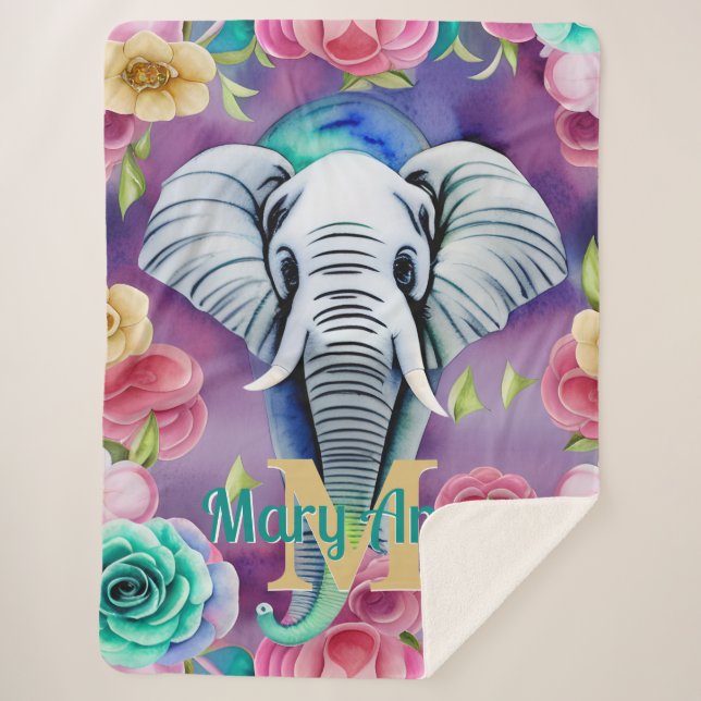Floral Watercolor Elephant Personalised Name Sherpa Blanket (Front)