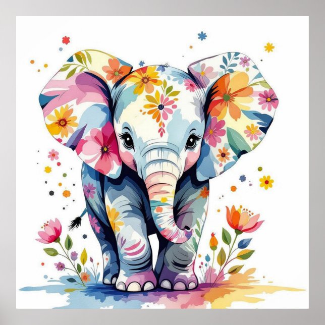 Floral Watercolor Elephant Poster (Front)