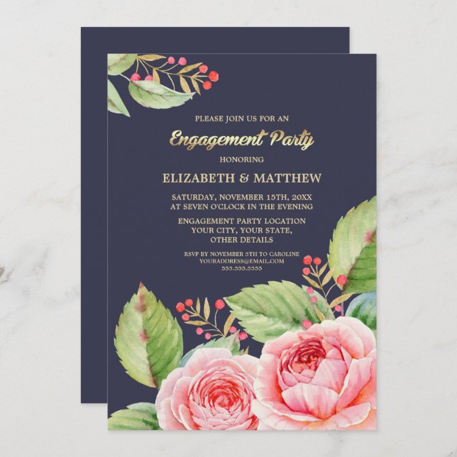 Floral Watercolor Engagement Party Invitations (Front/Back)