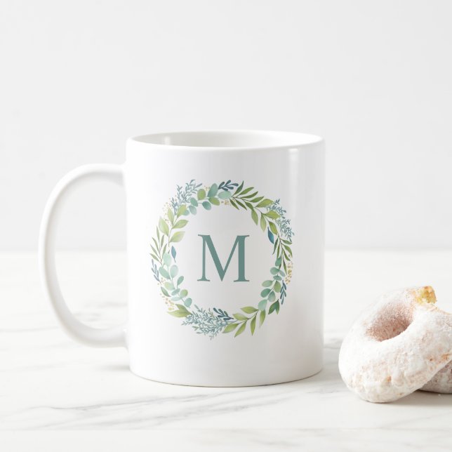 Floral Watercolor Eucalyptus Wreath MonogramMug Coffee Mug (With Donut)