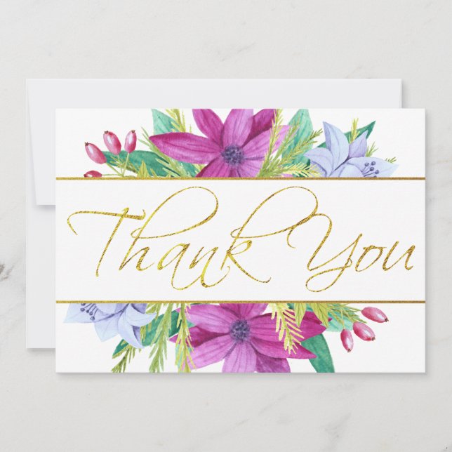 Floral Watercolor Faux Gold Foil Thank You Card (Front)