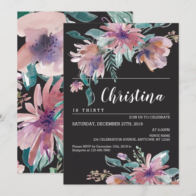 Floral Watercolor Female Birthday celebration Invitation (Front/Back)