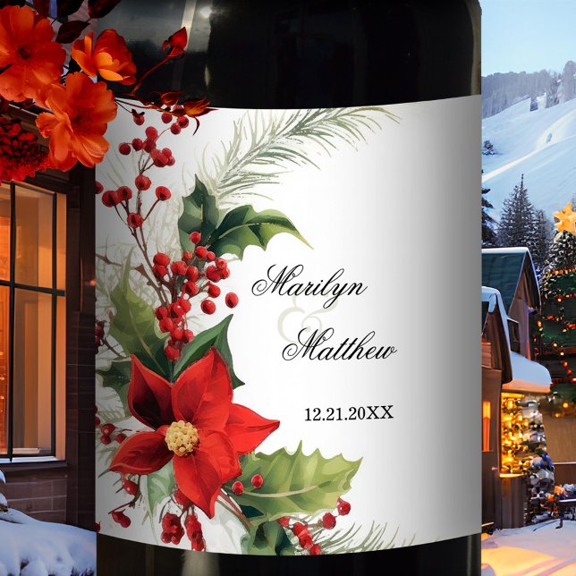 Floral Watercolor First Christmas Together Wine Label (Wine label featuring a classic watercolor painting of poinsettia flowers with mistletoe and berries)