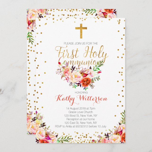 Floral Watercolor First Holy Communion Invitation (Front/Back)