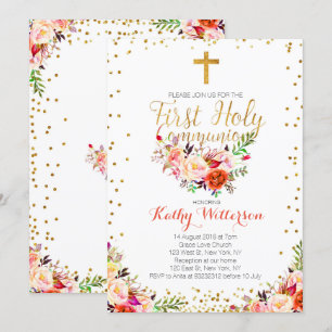 Floral Watercolor First Holy Communion Invitation