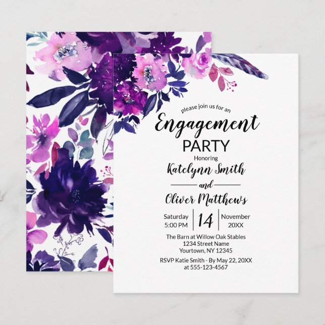 Floral Watercolor Flowers Trendy Engagement Invitation (Front/Back)