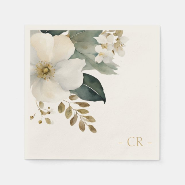 Floral Watercolor Foliage Initials Natural Ecru Napkin (Front)