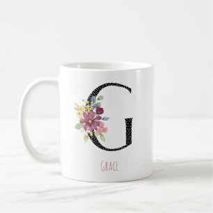 Floral Watercolor G Monogram Name Black Polka Dot Coffee Mug