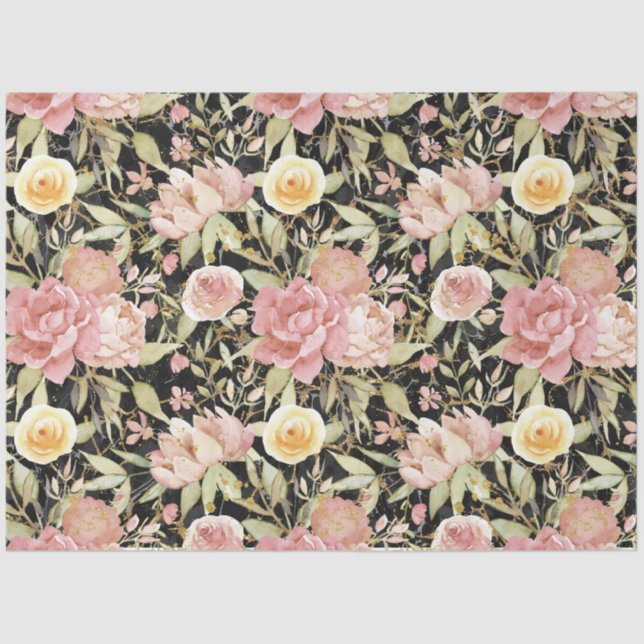 Floral Watercolor Garden Gold Black Decoupage Tissue Paper (Front)