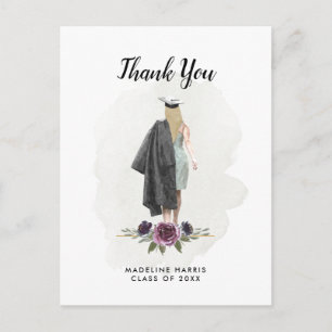Floral Watercolor Girl Custom Photo Grad Thank You Postcard