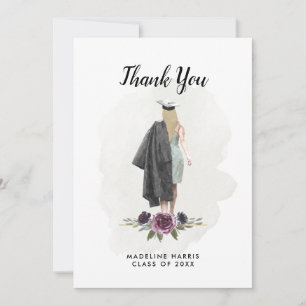Floral Watercolor Girl Custom Photo Graduation Thank You Card