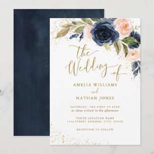 Floral Watercolor Gold Navy The Wedding of Wedding Invitation