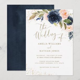 Floral Watercolor Gold Navy The Wedding of Wedding Invitation