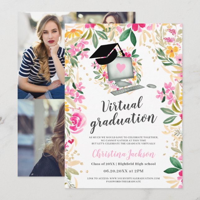 Floral watercolor gold photo virtual graduation invitation (Front/Back)