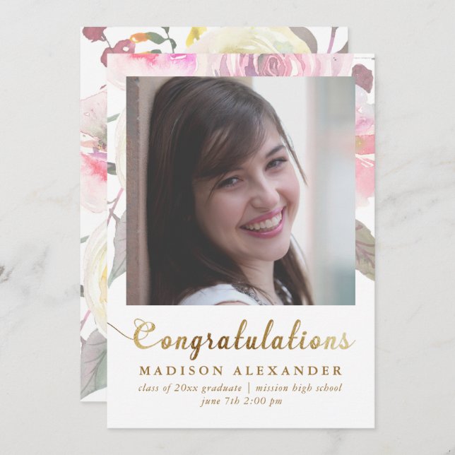 Floral Watercolor Graduation Announcement Photo (Front/Back)