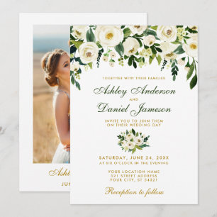 Floral Watercolor Green Gold Photo Wedding Invitation
