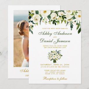 Floral Watercolor Green Gold Photo Wedding Invitation