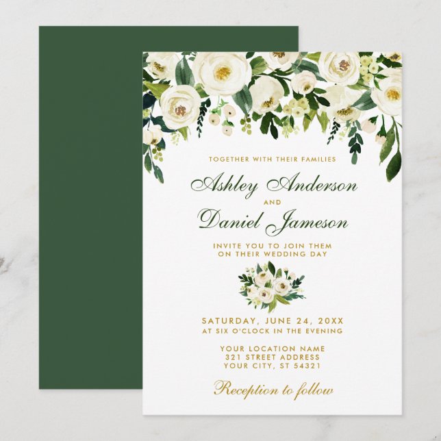 Floral Watercolor Green Gold Wedding Invitation GB (Front/Back)