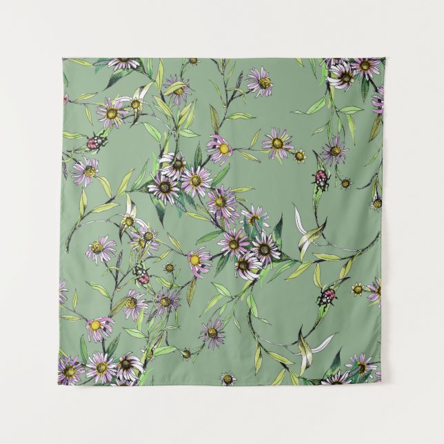 Floral Watercolor: Green Seamless Pattern Tapestry (Front)