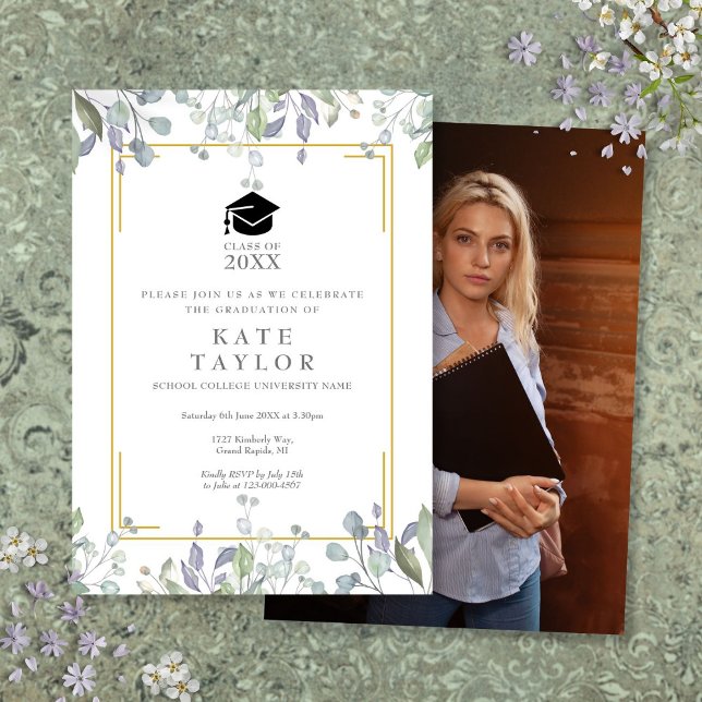 Floral Watercolor Greenery Photo Graduation Party Invitation (Floral Watercolor Greenery Photo Graduation Party Invitation)