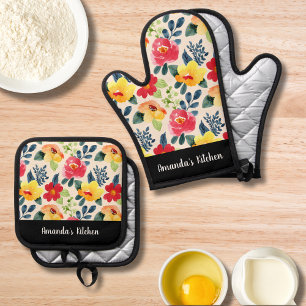 Floral Watercolor Greenery Script Personalise Gift Oven Mitt & Pot Holder Set