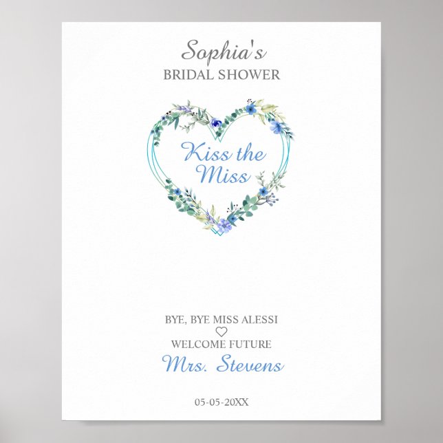 Floral Watercolor Heart with Leaves in Blue Poster (Front)