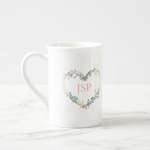 Floral Watercolor Heart with Leaves in Pink Bone China Mug