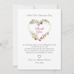 Floral Watercolor Heart with Leaves in Pink & Red Thank You Card