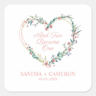 Floral Watercolor Heart with Leaves in Pink Square Sticker