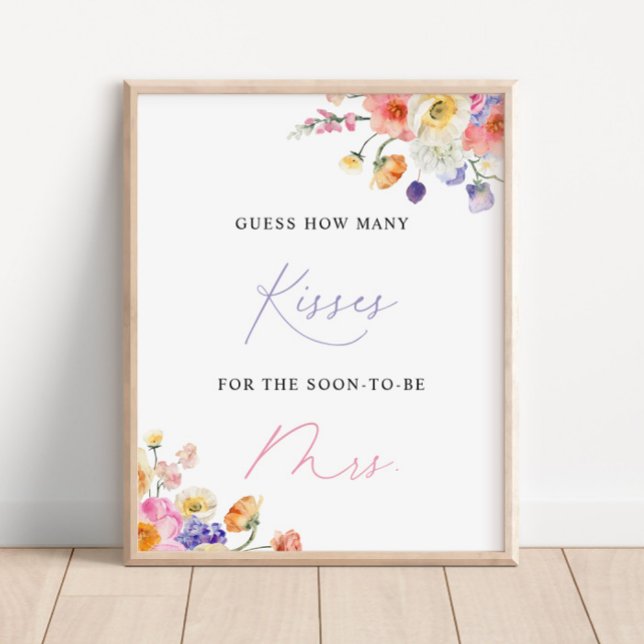 Floral Watercolor How Many Kisses Bridal Shower Poster (Creator Uploaded)