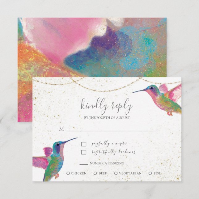Floral Watercolor Hummingbirds Colourful Gold RSVP (Front/Back)