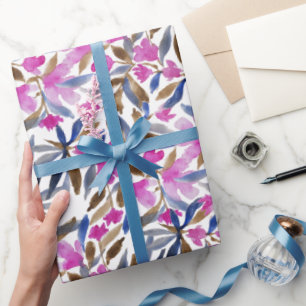 Floral Watercolor In Pink Venetian Blue Cedar Wrapping Paper