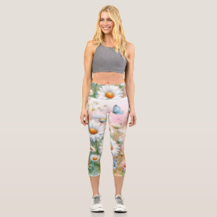 Floral watercolor in soft pastel colours  capri leggings