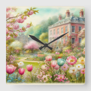 Floral watercolor in soft pastel colours square w wall clock