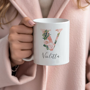 Floral Watercolor Initial Mug - V