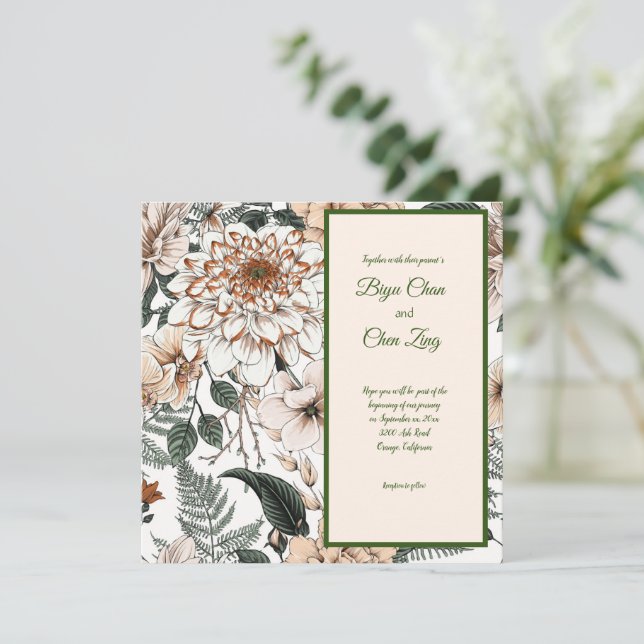 Floral Watercolor & Ink Wedding Invitation (Standing Front)