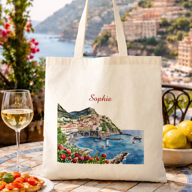 Floral Watercolor Italian Amalfi Coast Name Tote Bag (Creator Uploaded)