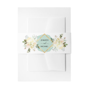 Floral Watercolor Ivory Mint Pink Gold Wedding Invitation Belly Band