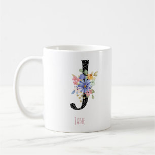 Floral Watercolor J Monogram Name Black Polka Dot  Coffee Mug