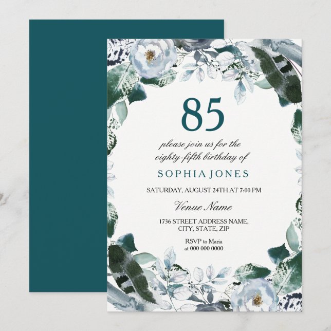 Floral Watercolor Jade Green 85th Birthday Invite (Front/Back)
