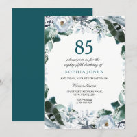 Floral Watercolor Jade Green 85th Birthday Invite