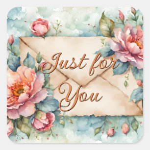 Floral Watercolor Just For You Envelope  Square Sticker