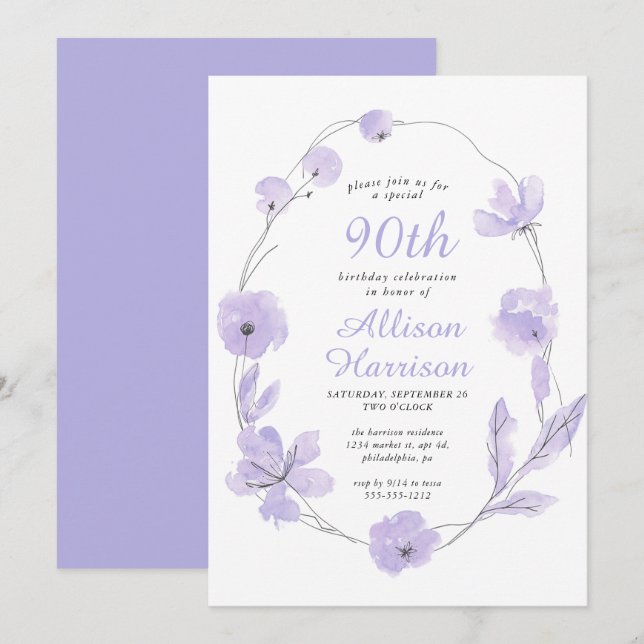 Floral Watercolor Lavender 90th Birthday Party Invitation (Front/Back)