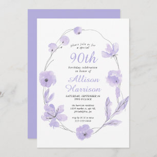 Floral Watercolor Lavender 90th Birthday Party Invitation