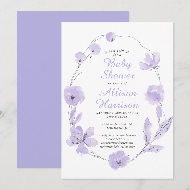 Floral Watercolor Lavender Baby Shower Invitation (Front/Back)