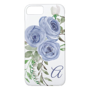 Floral Watercolor Light Navy Blue Monogram Script iPhone 8/7 Case