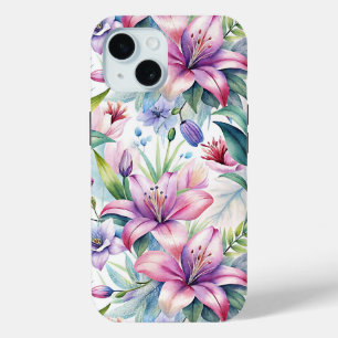 Floral Watercolor Lilies Pink purple iPhone 15 Case