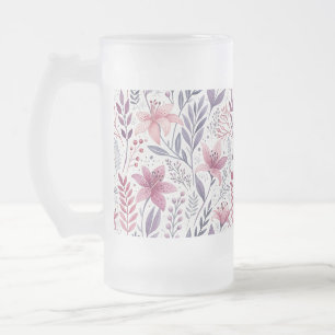 Floral Watercolor Lilies Pink Violet Frosted Glass Beer Mug