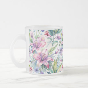 Floral Watercolor Lilies Pink Violet Frosted Glass Coffee Mug